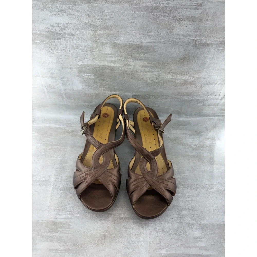 Clarks Unstructured Bronze Leather Strappy Slingback Wedge Sandals Women Sz 8M